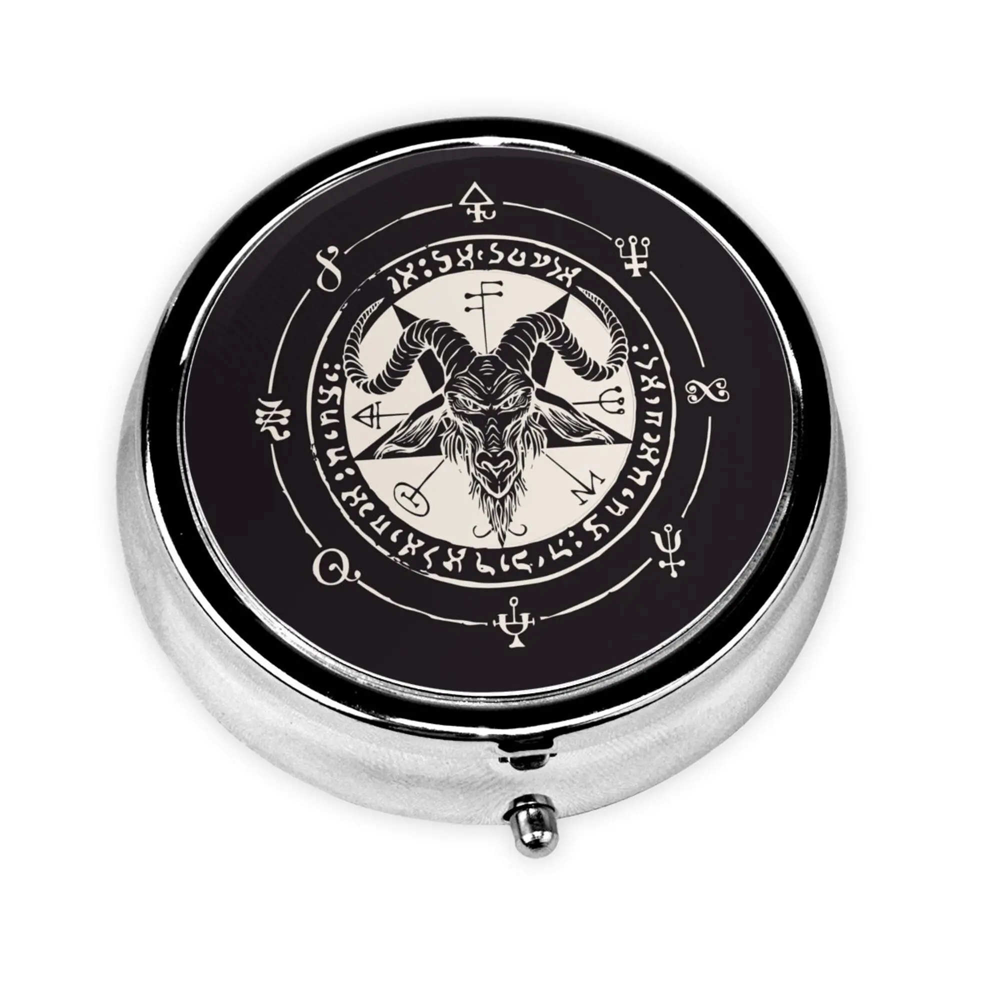 Satanic Black Goat and Pentagram Print Pill Box Round Pill Case Three-Compartment Metal Medicine Vitamin Organizer Unique Gift