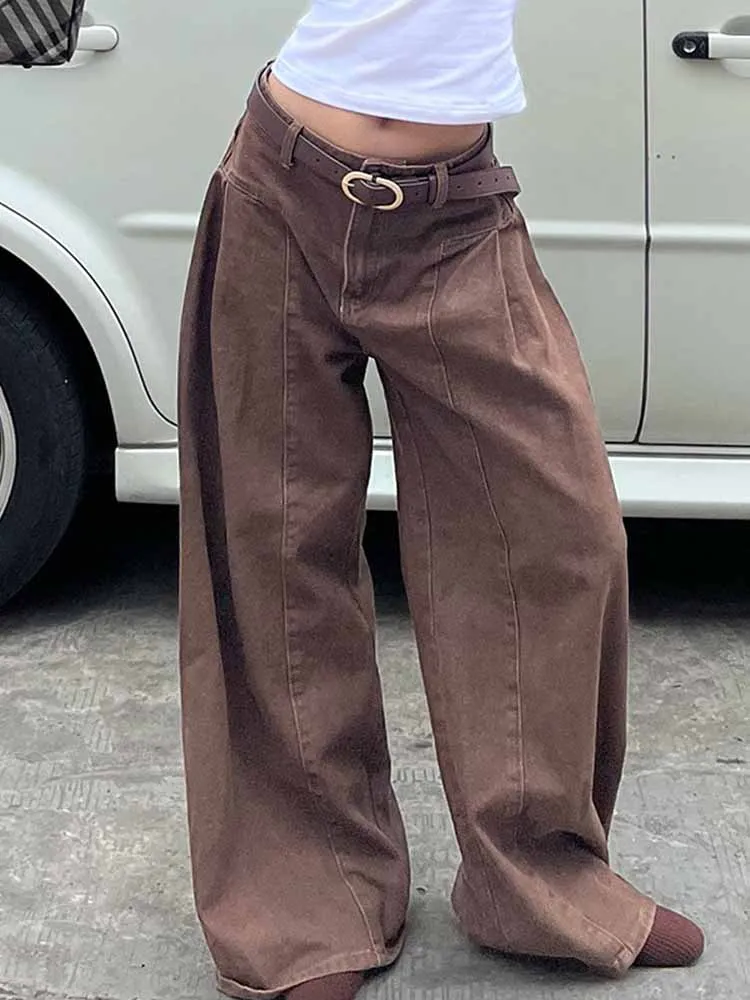 BKQU American Style Vintage Brown Jeans Women Streetwear High Waist Baggy Wide Leg Denim Pants Y2K Casual Harajuku 2000s Trouser