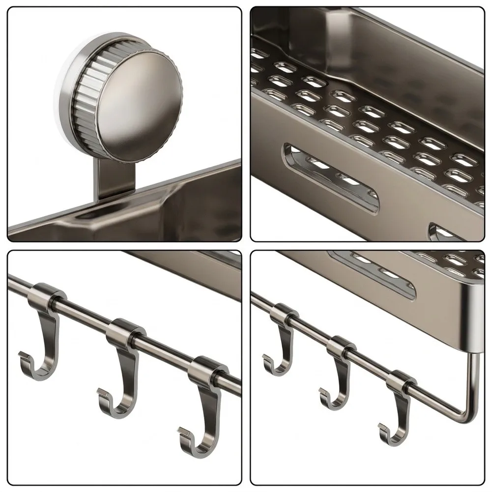 Compact Suction Mounted Shower Shelf with Towel Bar and Hooks for Organizing Essentials in Tight Bathroom Layouts
