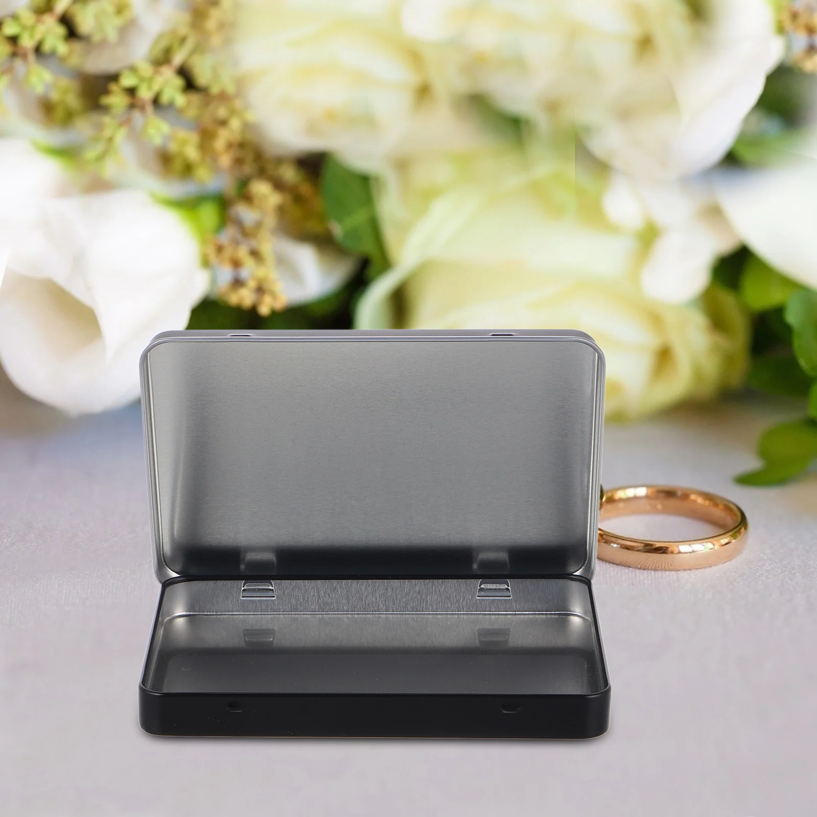 

Rectangular Mini Metal Tin Container Black Small Portable Box with Hinged Lid for Game Cards Sports Card Holder Jewelry Trinket