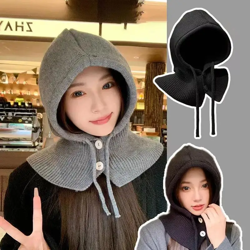 New Winter  Hat Warm Knitted Women's Hood Hat Solid Color One-piece Neck Pullover Cap Outdoor Cashmere Caps