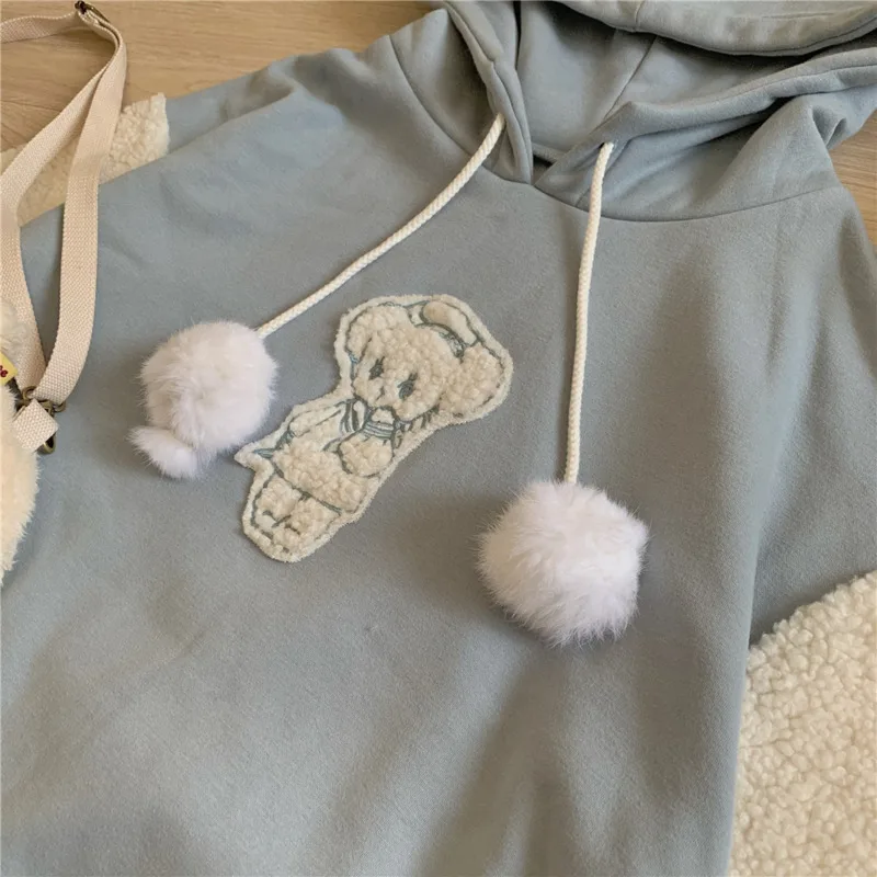 Spring Kawaii Lolita Women Hooded Sweatshirt Solid Lamb Embroidery Patchwork Fleece Long Sleeve Hoodies Pullover Velvet Moletom