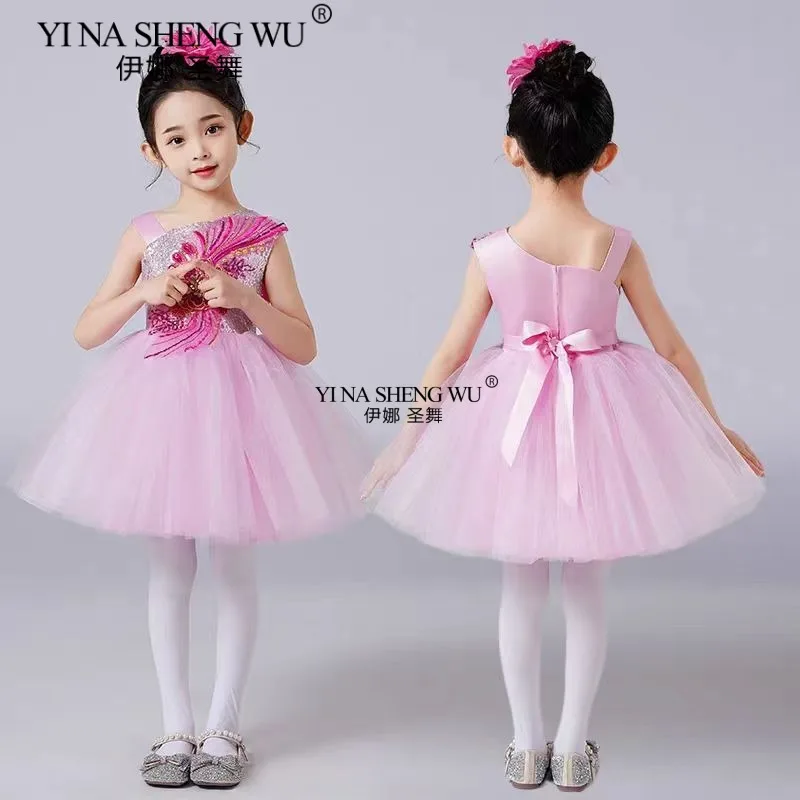 Children's performance costume, girl princess, fluffy dress, evening gown, sequined chiffon dress, dance performance costume set