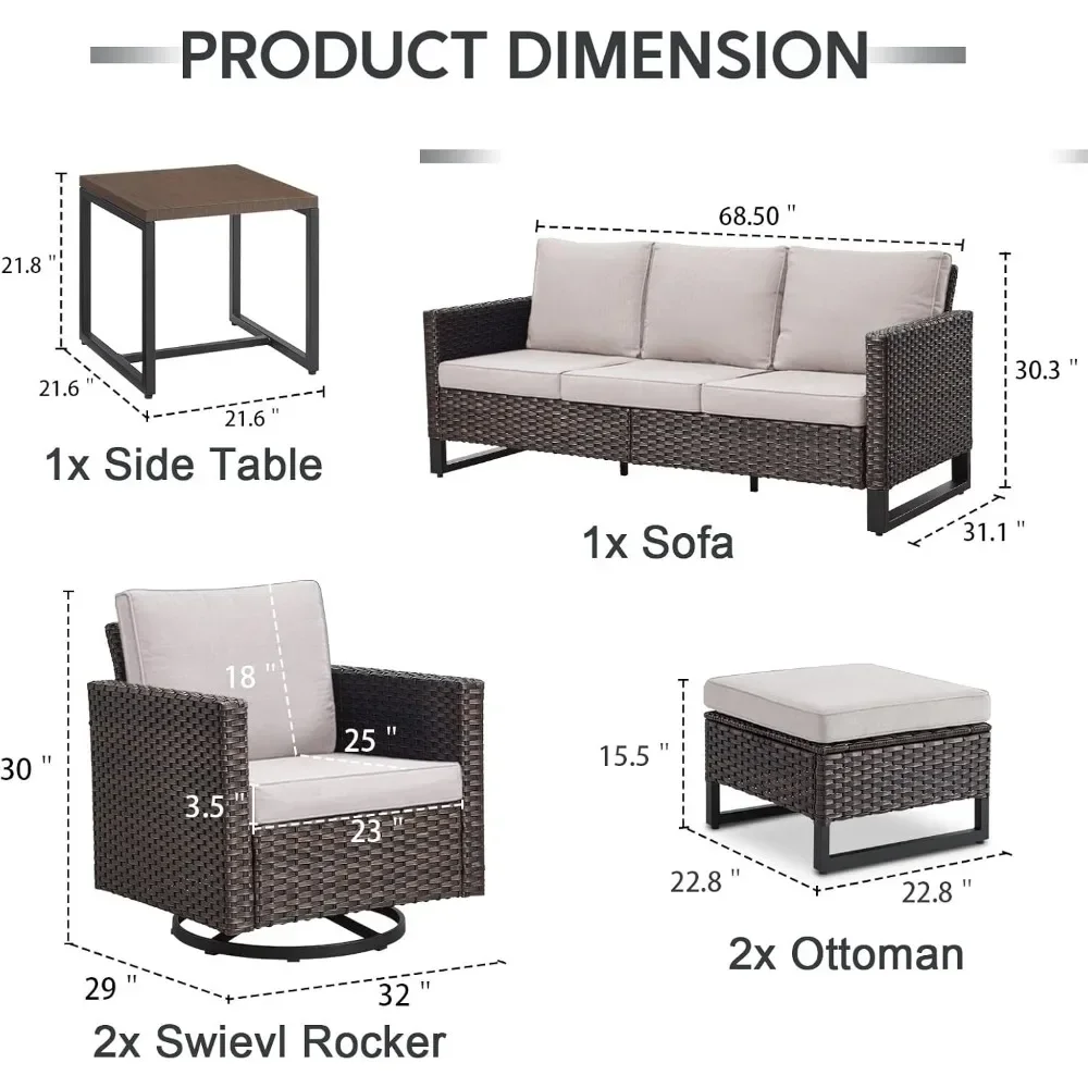 6-częściowy zestaw rattanowych mebli ogrodowych ze stolikiem bocznym, 3-osobowa sofa i otomana, zestaw do rozmów na patio Meble balkonowe na tarasie