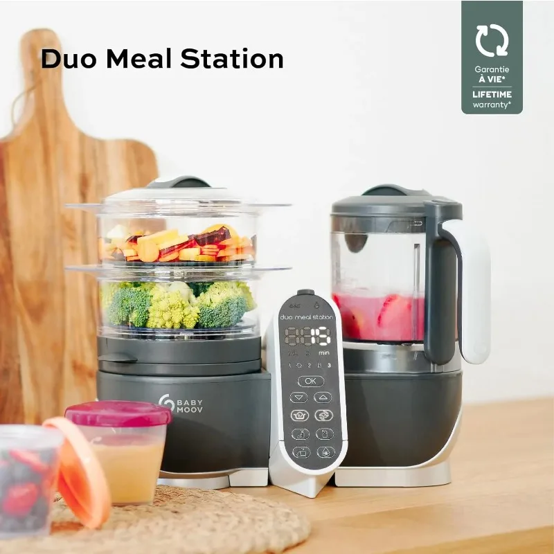 Babymoov Duo Meal Station Grey: Multi-Speed Baby Food Maker Steamer and Puree Blender, Baby Food Processor that warms & defrosts