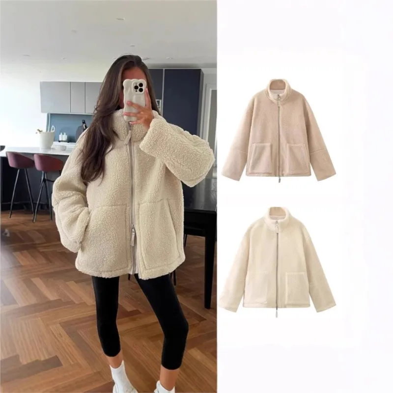 Cappotto in pile da donna tinta unita stile slouchy foderato in lana di agnello dolcevita con zip in lana manica lunga con tasche nuovo autunno inverno