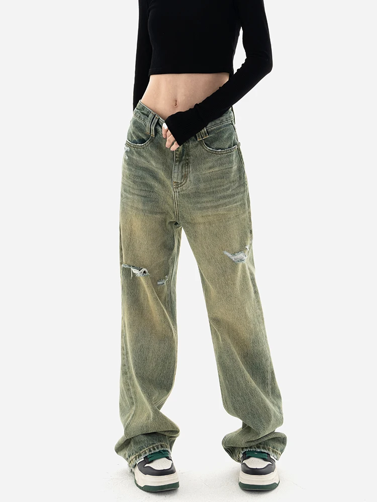 

High Waist Loose Fit Women's Denim Jeans Spring Autumn Sle Casual American Mud Color Straight Leg Slimming Pants