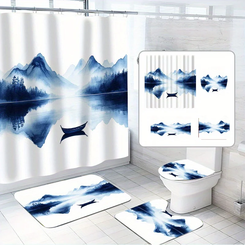 

4pcs Watercolor Boat Shower Curtain Set, Chinese Ink Art Style, Artistic Atmosphere, 12 Hooks, Water-Resistant Polyester Fabri