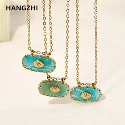 HangZhi Oval Natural Stone Resin Pendant Necklace Vintage Stainless Steel Clavicular Chain Europe America Jewelry for Women New