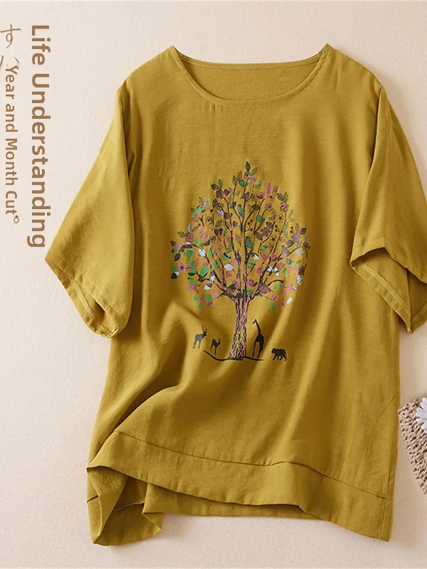 Sommer Casual Lose Baumwolle Leinen ort Sve runde Ne T-shirt frauen Top Vielseitig Bequem Große Größe Straße Sle