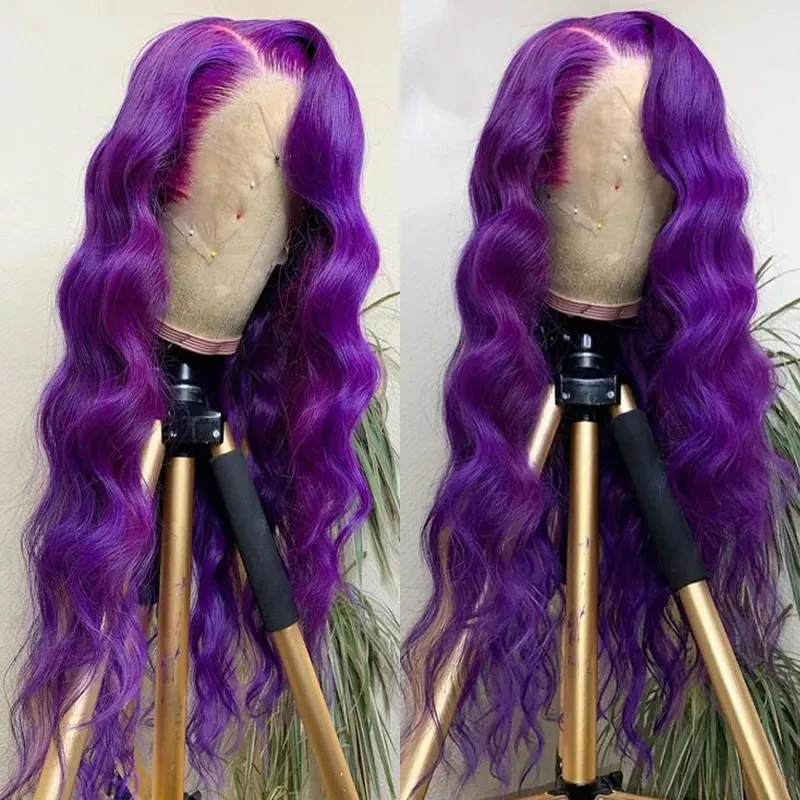 Peluca frontal de encaje de onda profunda para mujer africana, pelo de bebé predesplumado, Morado, suave, sin pegamento, 26 pulgadas de largo, 180 de densidad