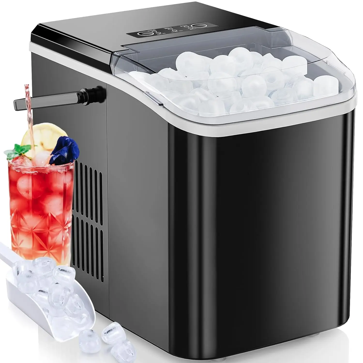 

Countertop Ice Maker, Ice Machine Self-Cleaning, 9 Cubes in 6 Mins, 26.5lbs/24Hrs, 2 Sizes of Ice, with Ice Scoop, Basket and