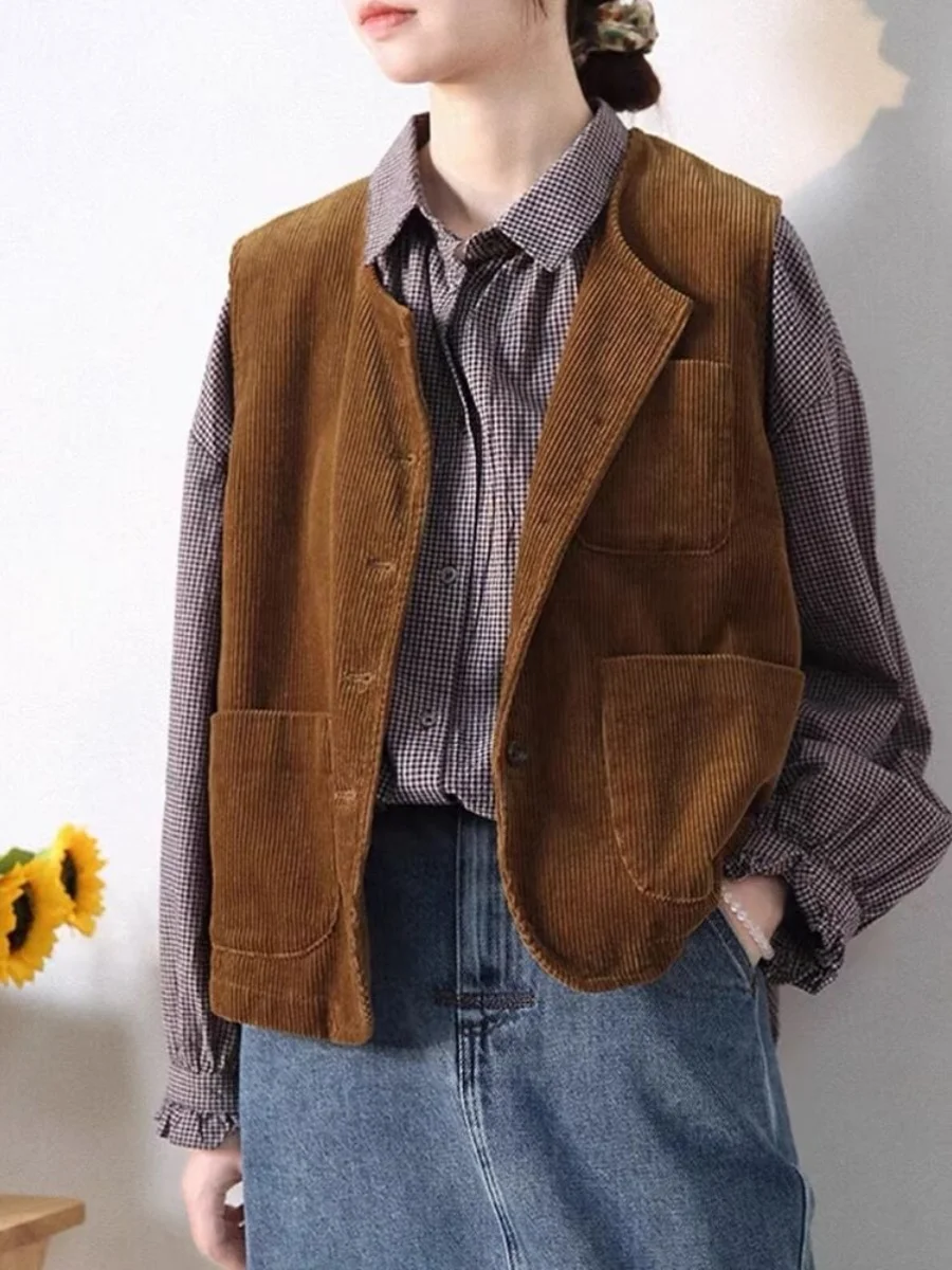 

Японская рабочая одежда в стиле ретро, вельветовый жилет, женский свободный крой, осень-зима, Новое поступление, круглый топ на одной пуговице