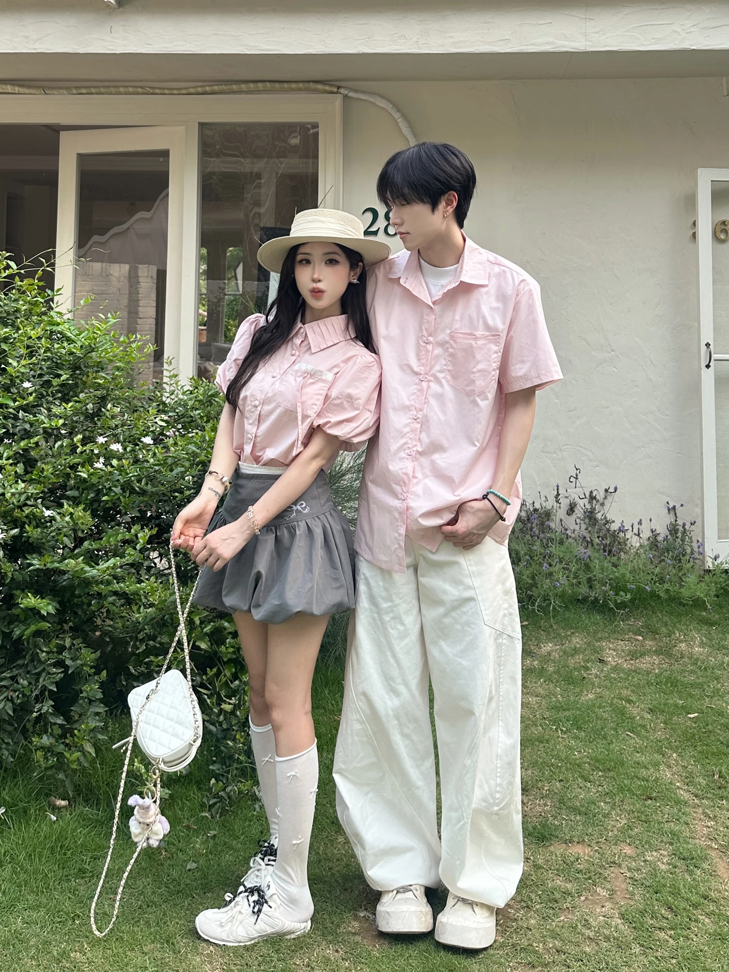 Sweet Couple Summer Shirt 2026 Short Sleeve Pleated Collar Bloom Sleeve Shoulder Length Floral Print Casual Style Men Women