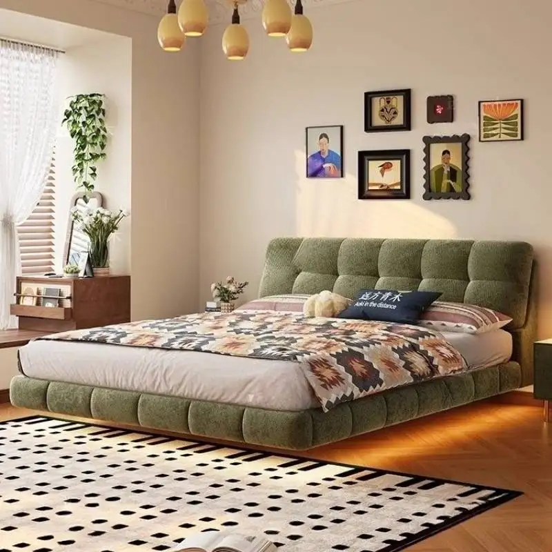 

Unique Green Double Bed Design Velvet Minimalist Modern Wooden Double Bed Pliable Japanese Cama Individual Furniture For Home