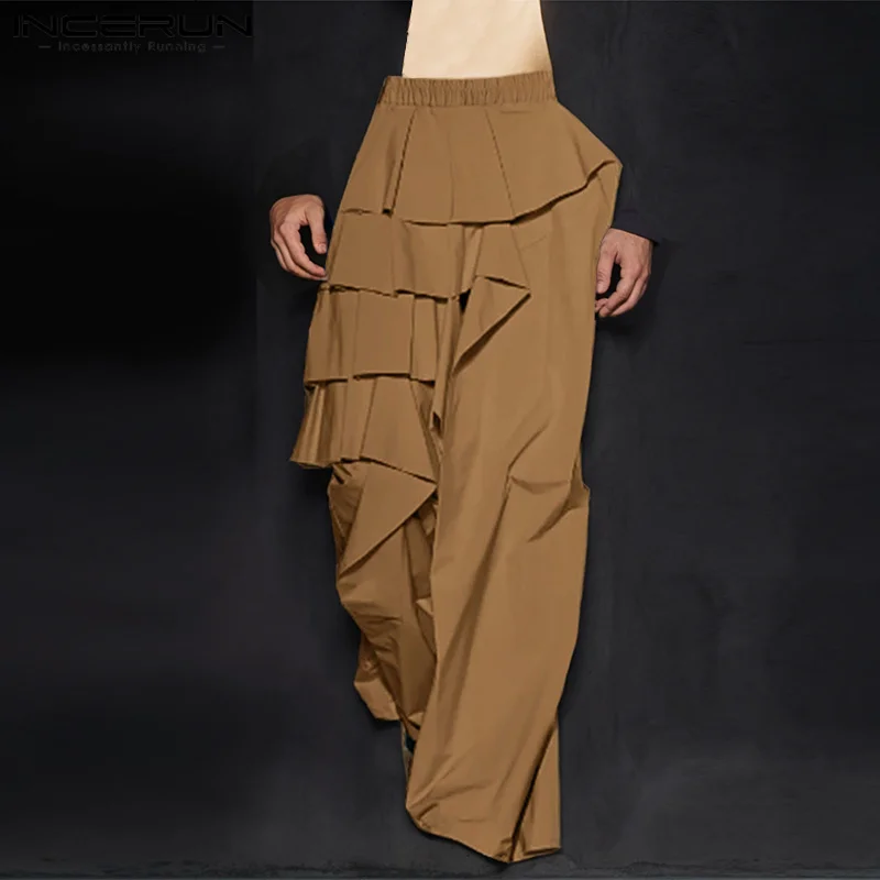 INCERUN 2025 Ruffled Edge Solid Color Long Pants Men Loose Elastic Waist Trousers Casual Simple Handsome Male Wide Leg Bottoms