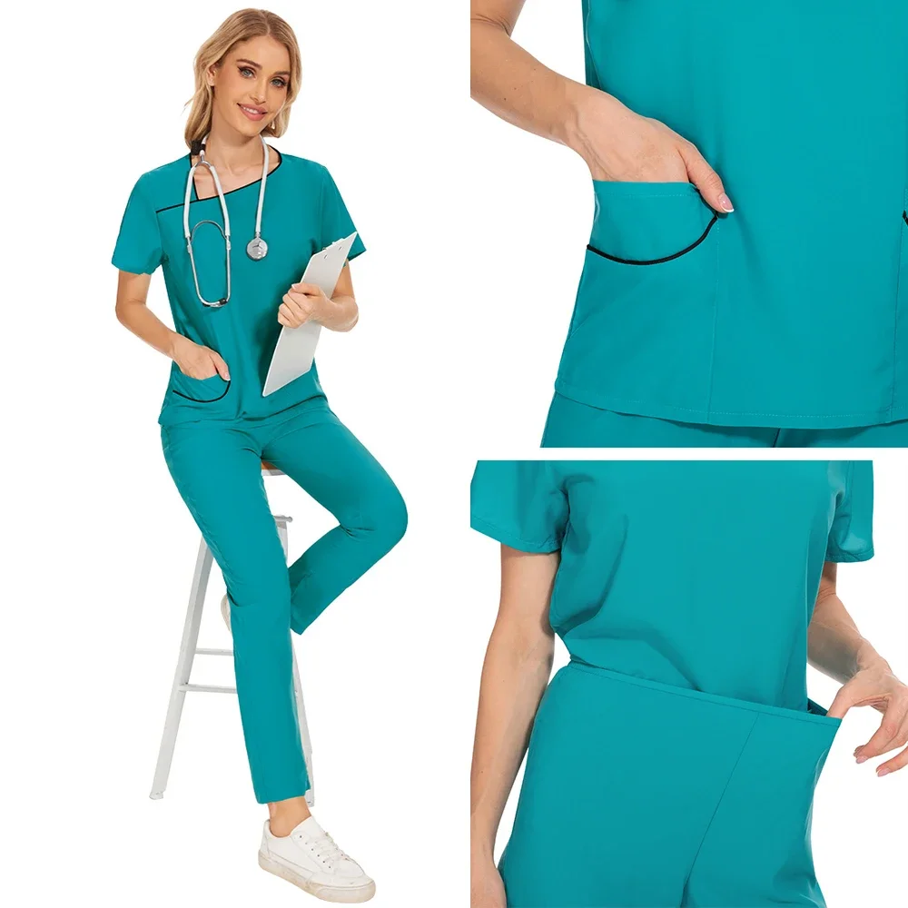زي ممرضة نسائي بأكمام قصيرة ورقبة على شكل حرف V ، ملابس عمل ممرضة ، لون واحد ، بلوزة تمريض طبي ، زي عمل ، وزرة رعاية ، طقم سكرابز