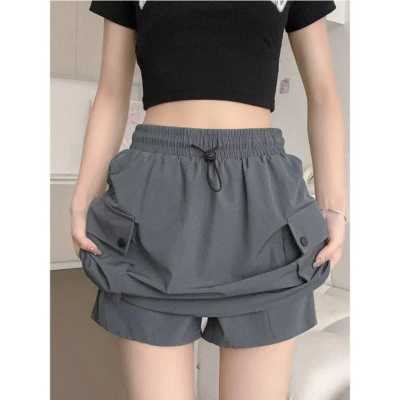 Women's Cargo Mini Skirt, Elastic Waist Drawstring Skirt with Pockets, Casual Streetwear Summer Skirt for Y2K Style