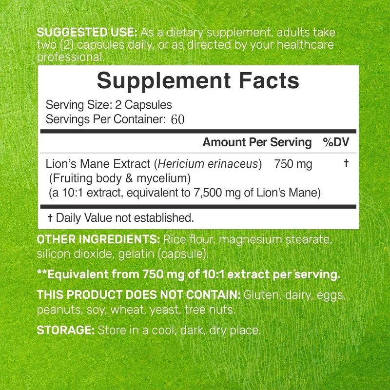 Lion Mane Mushroom Supplement, 60 Capsules - Active Fruiting Body and Mycelium 10:1 Extract - Immune Health Support