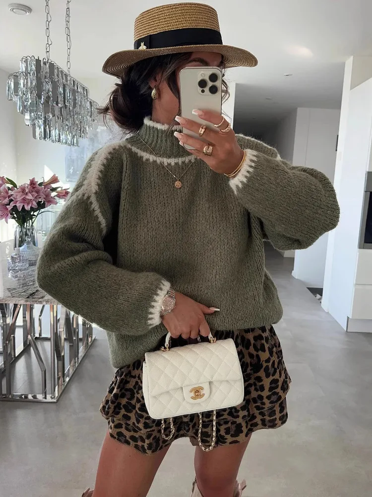 

Autumn Winter Color-block Half Turtleneck Pullovers Women 2025 Trendy Streetwear Knitted Sweater Female Thick Warm Jumpers