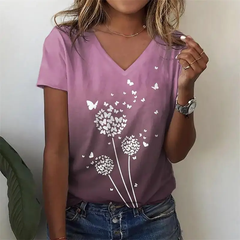 Women Gradient V Neck T-shirt Minimalist Dandelion Flying Butterfly Print Short Sleeve Casual Top