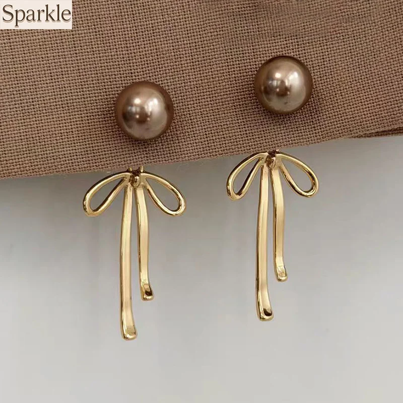 

New Style Gold Color Ribbon Bow Pearl Stud Earrings Retro Dual-wear Ear Jewelry for Women Versatile Wearing Options Accessories