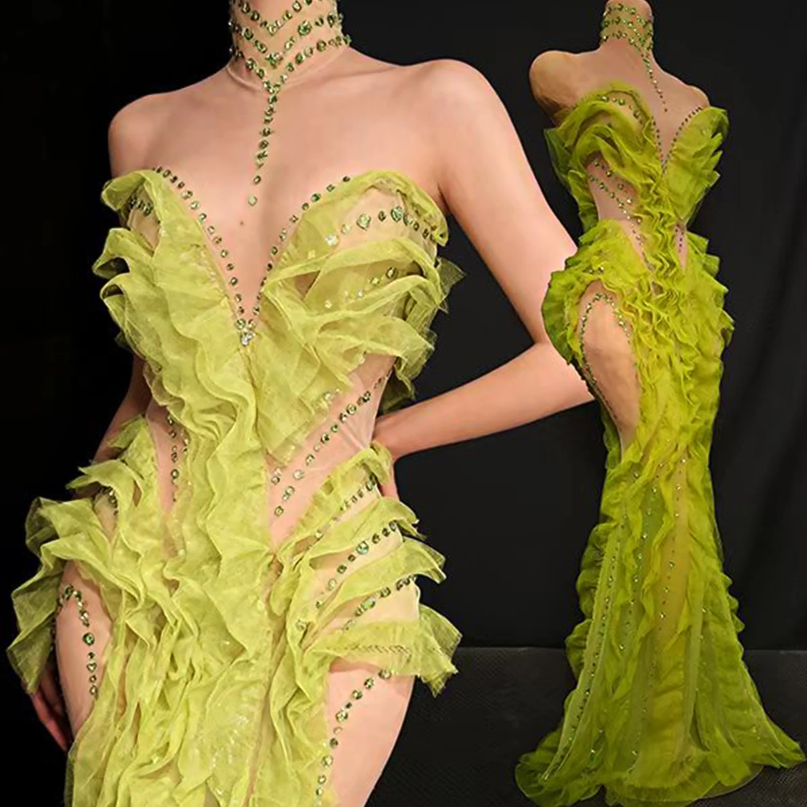 Sexy Green Rhinestones Mesh Dress Singer Event Costume Look Drag Performance Gogo Dance Wear Birthday Party Stage Suit Show Prom