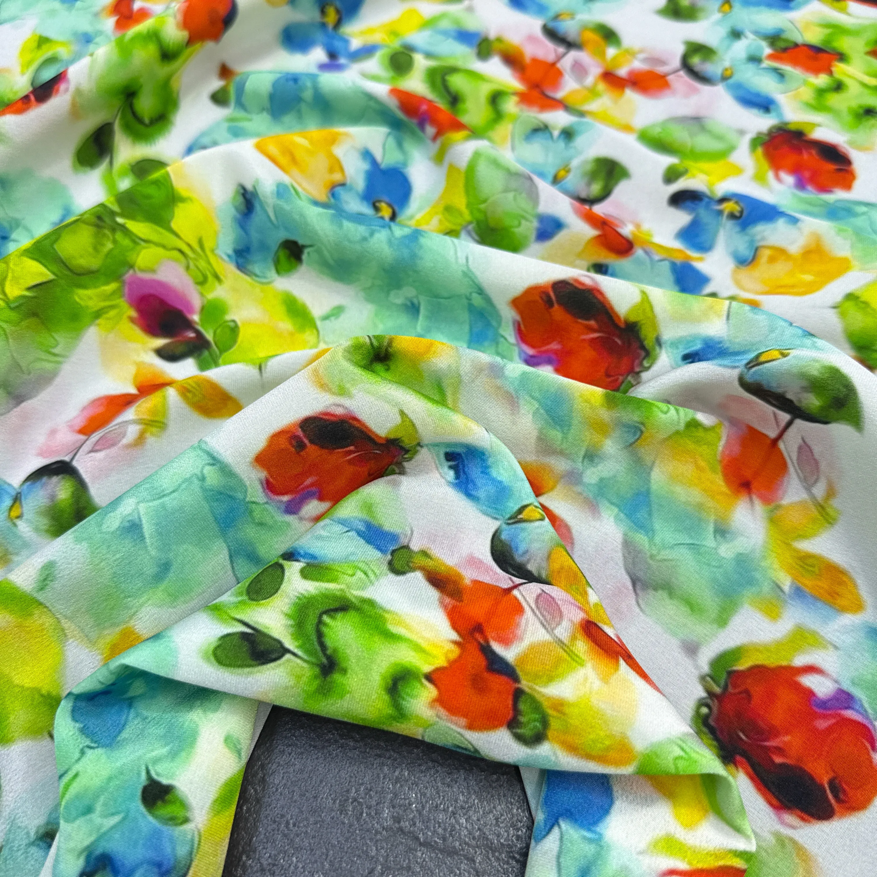Colorful Floral Printed Stretch Blue Green Silk Crepe de Chine Fabric for DIY Sewing Summer Dress Pajamas Silk Fabric FR7064