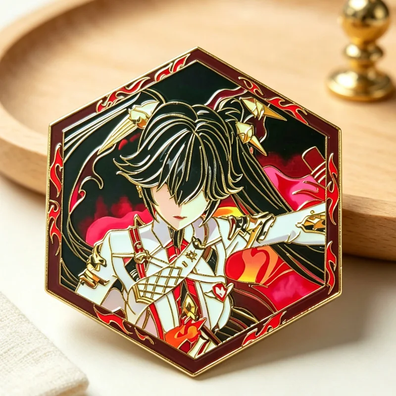 Lucia Oath Flame Hexagonal Badge Doujin Original Two-dimensional Metal Etching Badge Bag Accessories Game Merchandise