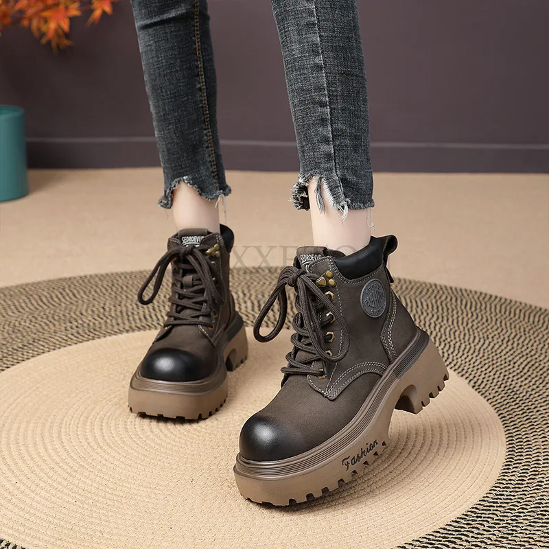 Genuine Leather Slope Heel Women Thick Soled Round Toe Motorcycle Boots Medium Tube Boots Fashionable Versatile Women Shoes