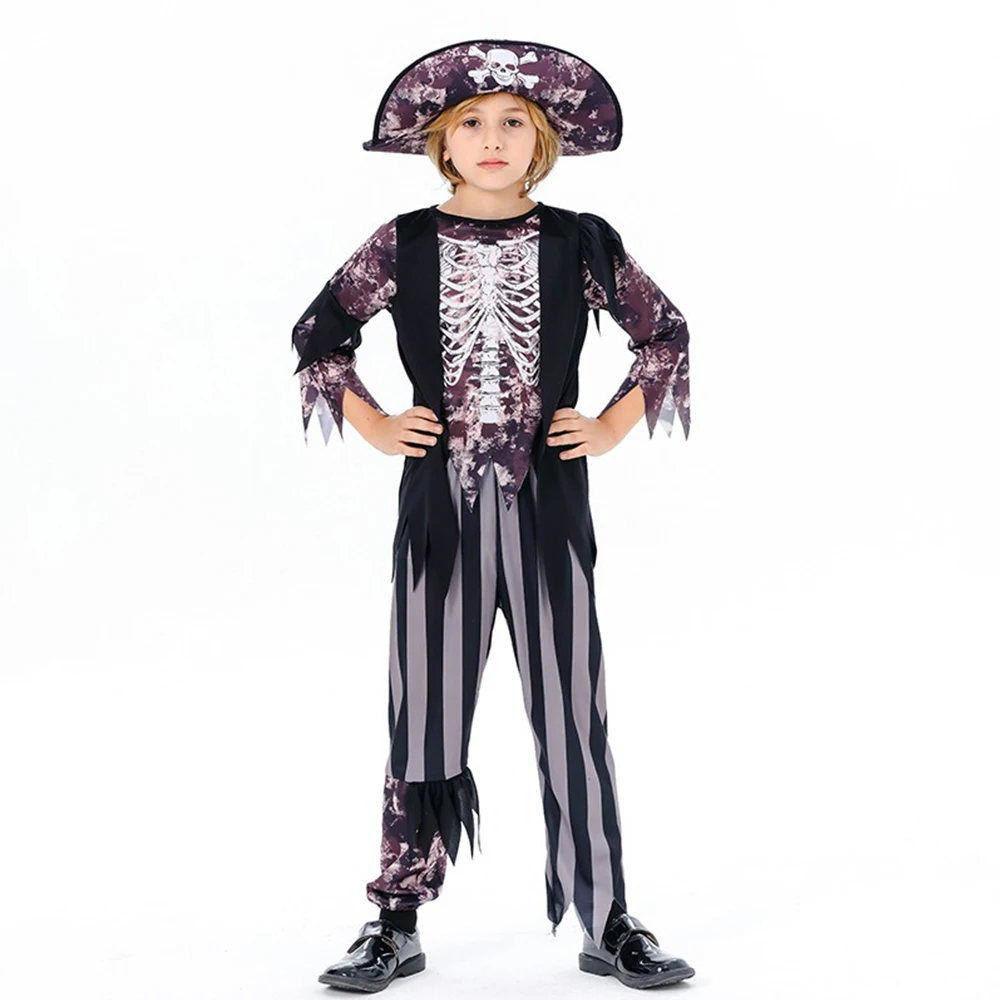 Halloween Caraibi Pirati per bambini Capitano Gioco di ruolo Vestito da scheletro per ragazze Costume da spettacolo teatrale per feste di carnevale