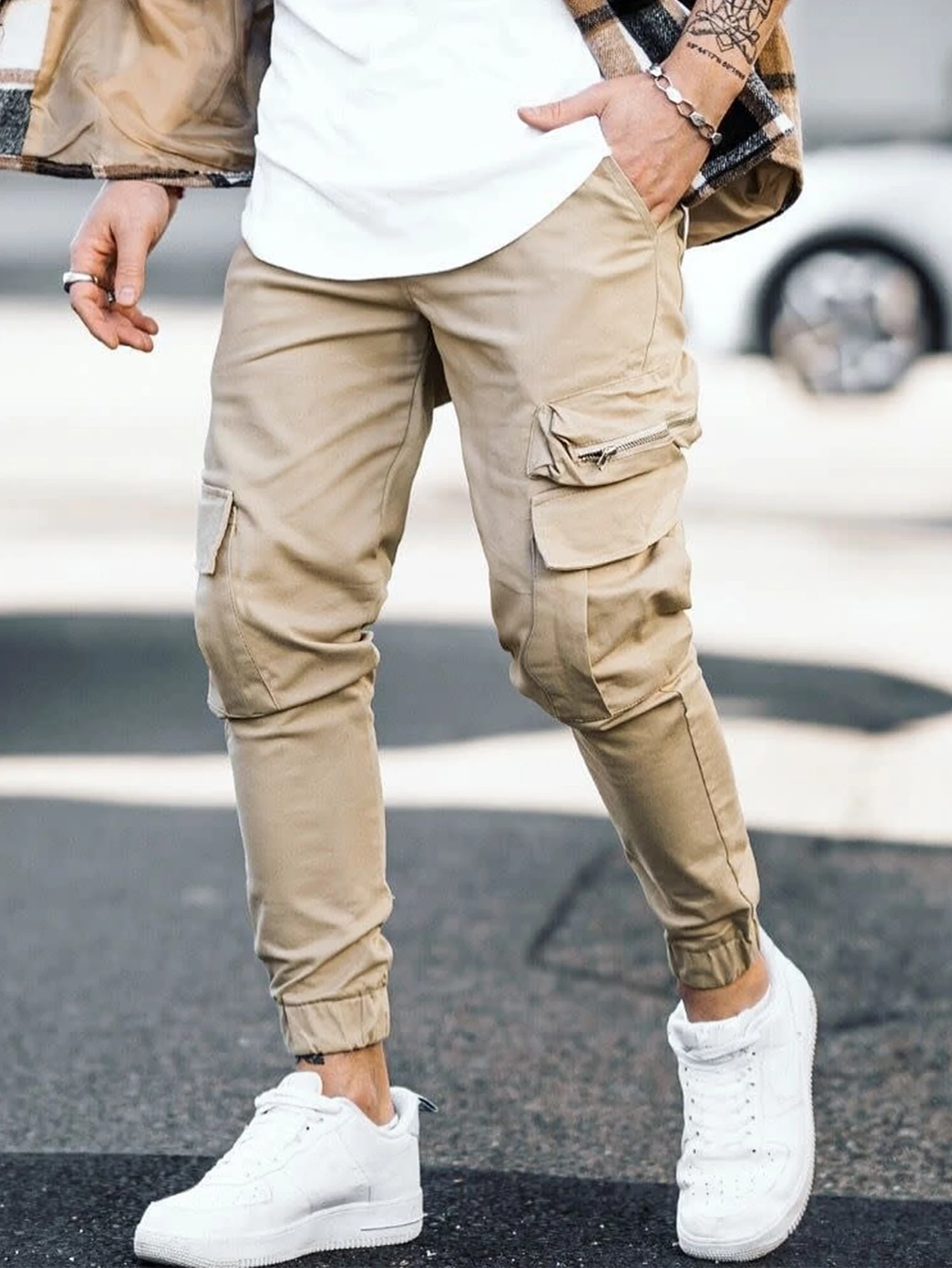 Men's outdoor work pants with pocket decoration, small leg pants, autumn fashion, bound leg pants, men's