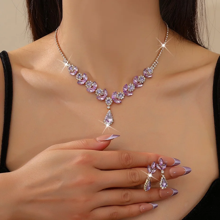 Luxury Purple Teardrop Crystal Jewelry Set for Women, Necklace and Earrings, Bridal Wedding Party Prom Gift