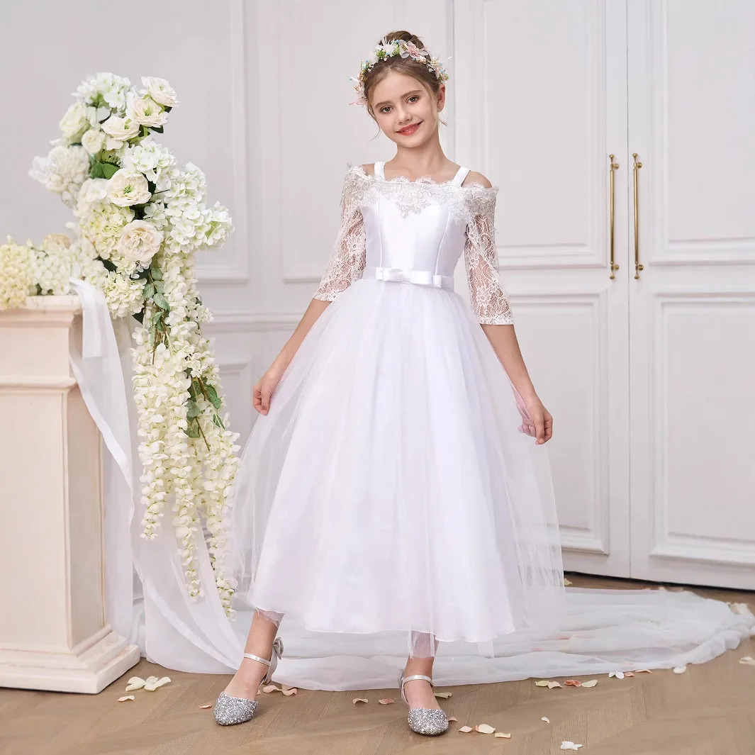 Teen Girl Fashion Lace Wedding Dress Off-shoulder Puffy Dress For Girls Baptismal White Dress Children First Communion Costume