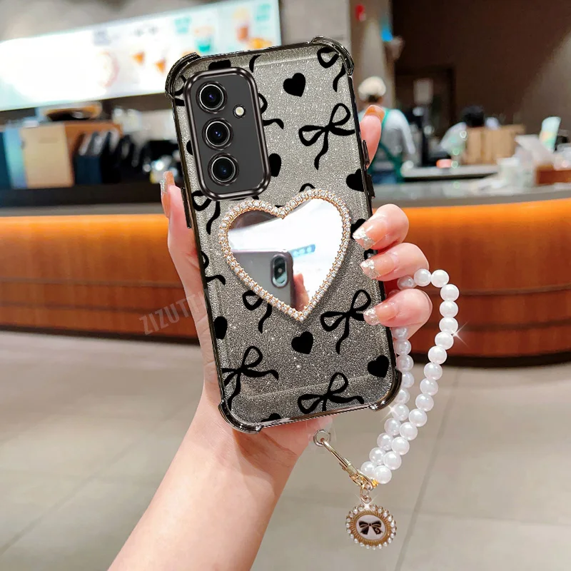 Pearl Strap Lanyard Glitter Bowknot Love Phone Holder Case For Samsung Galaxy S24 S20 S21 S22 S23 S25 FE Note 10 20 Plus + Ultra