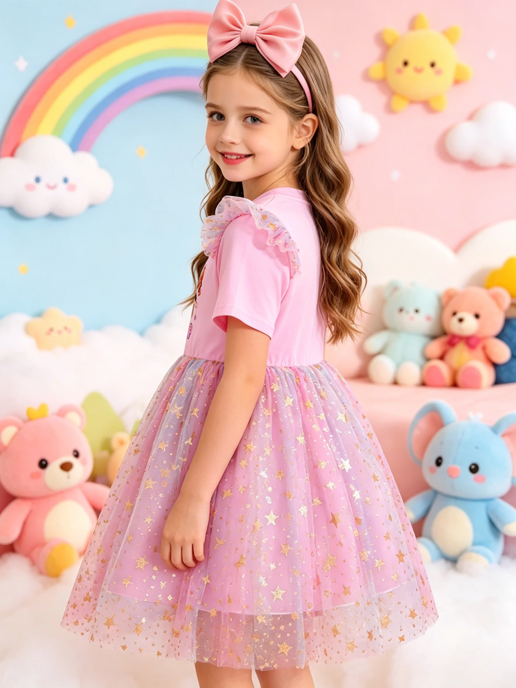 Mädchen-K-Pop-Kleid mit Cartoon-Idol-Print, Regenbogen-Farbverlauf, Pailletten-Mesh, Lässig Locker Sitzend, Trendige Kindermode – Detail 2