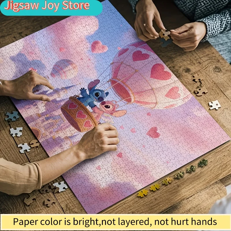 Puzzle plat 2D, 1000 pièces, couple Disney Stitch et Angel |   Montgolfière en forme de cœur, puzzle Disney mignon, cadeau romantique pour couple, décoration intérieure