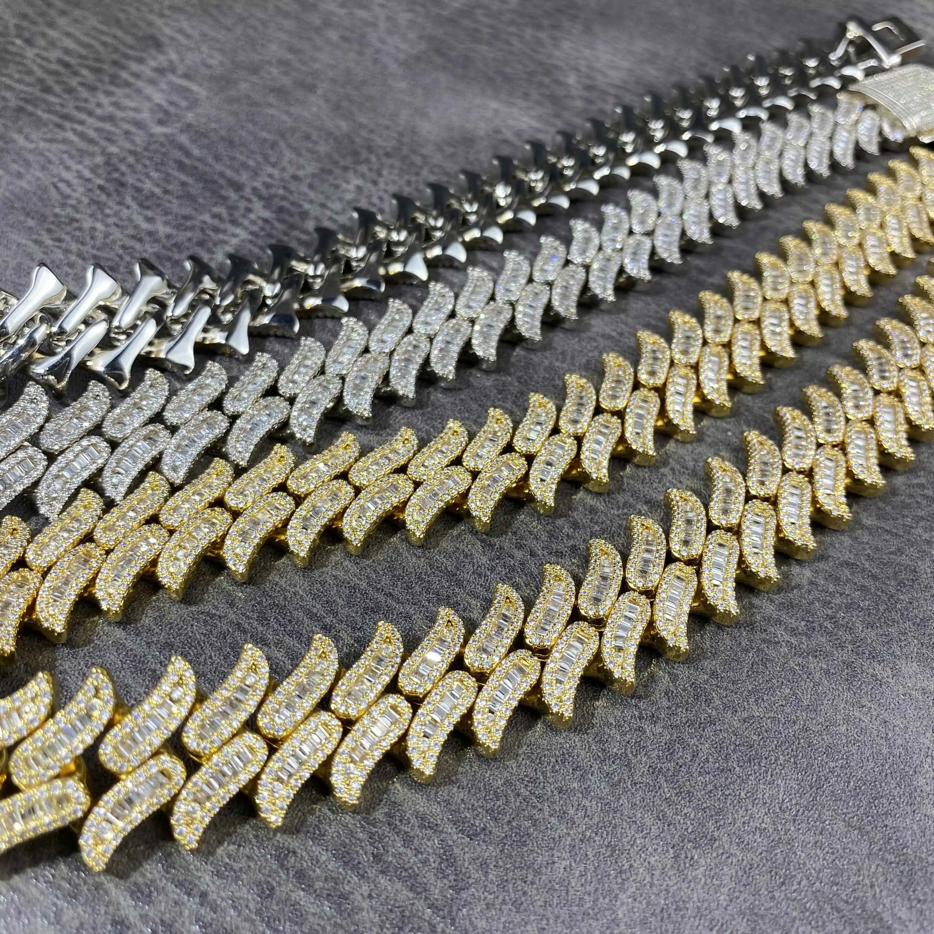 15mm baguette Thistles And Thorns Design Gold Plated Cuban Link Chain Hip Hop Jewelry Cuban Link Necklace With Box Clasp For Men