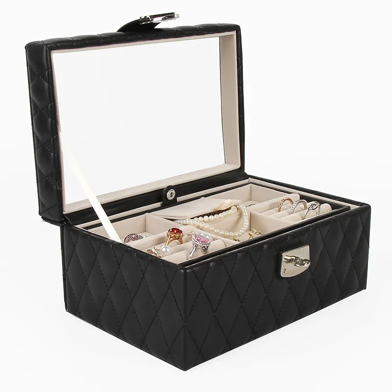 Fashionable European diamond patterned leather jewelry box, velvet ring box, jewelry storage