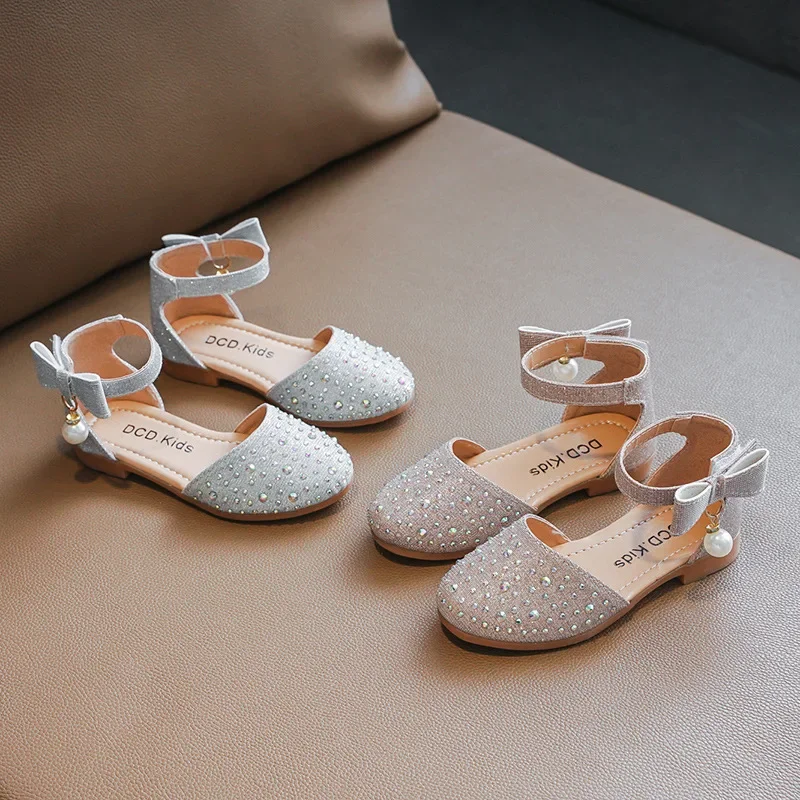 Elegant Girl Leather Shoes Sweet Fashion Bowknot Kids Causal Flat Sandals Korean Style Rhinestone Children Princess Single Shoes