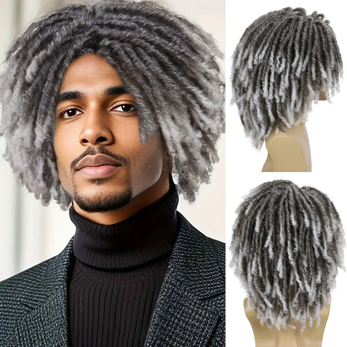 Synthetic Hair Coiled Twists Wigs Men Dreadlocks Wig Ombre Grey Afro Curly Layered Twisted Locks Locs Realistic Weaving Cap