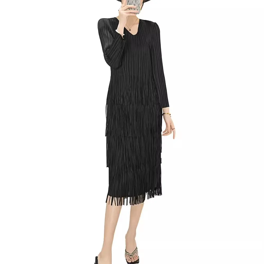 Miyake Pleated 2024 Spring New Women\'s V-neck Pullover Tassel Solid Color Dress Elegant Three-quarter Sleeve Mid-length Skirt