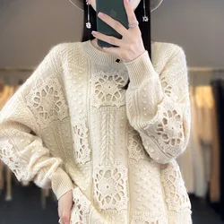 RONGYI Cashmere Pullover Autumn/Winter New 100% Pure Wool Sweater Casual Thickened Round Neck Knit Loose Solid Color Ladies Tops