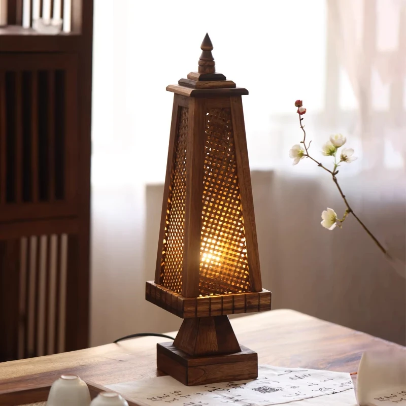 

Wooden Rattan Weaving Desk Lamp Thai Retro Style Table Lamps Living Room Bedroom Bedside Lighting Light Creativity Mood Lights