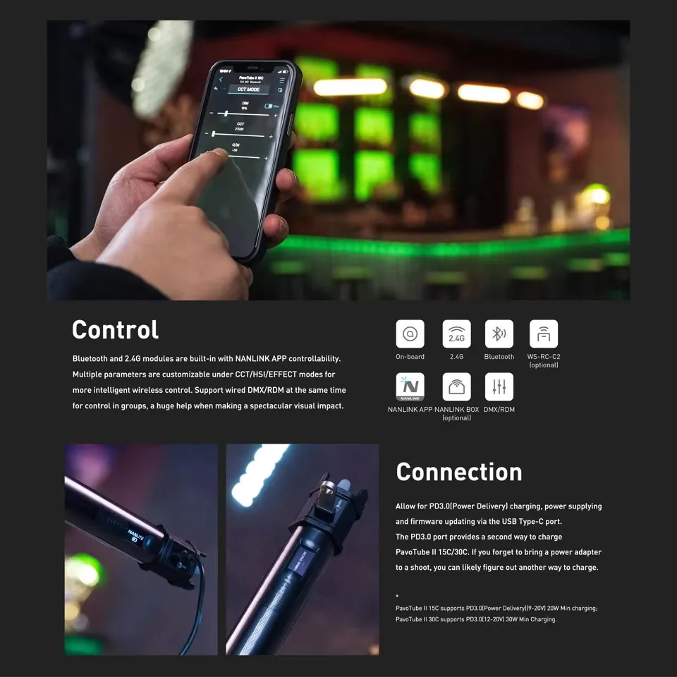 Nanlite Pavo Tube II 15C/30C RGB Полноцветная трубка Light Stick 2700K-6500K Ручной светильник для видеосъемки фотографии
