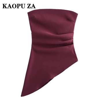 KAOPU ZA 2024 Nuova Estate Donna Casual slash neck Colletto di Colore Solido Maglia Femminile Streetwear Cerniera Laterale Increspature Top asimmetrico