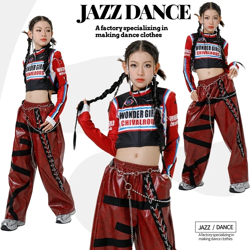 

Children Hip Hop Jazz Dance Outfit K POP Stage Clothes Girls Model Catwalk Dance Show Costume Red Crop Top Trousers Set XH1725