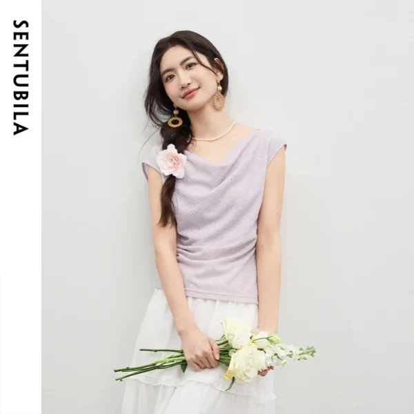 

Женский топ SENTUBILA с двусторонним вырезом, элегантный, фиолетовый, лето 2026, с асимметричным подолом и рюшами, текстурированная кружевная футболка 162SA4774