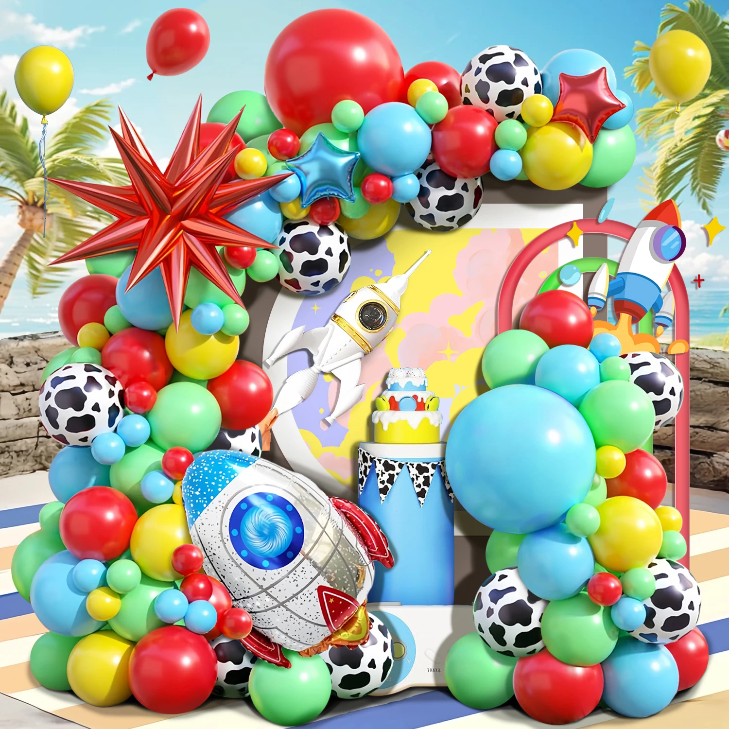 104-teiliges Ballon-Set mit Cartoon-Spielzeug-Motiv, gewölbter Kranz, rot, blau, gelb, grün, Ballon mit explodierendem Sternraketen-Folienballon, Suita