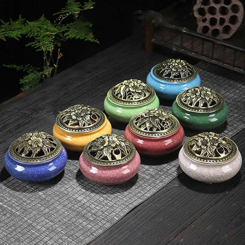 Incense Burner With Lid Hollow Top Censer Holder Heat Resistance Incense Tower Ice Crack Pattern Peaceful Mind Censer Burner